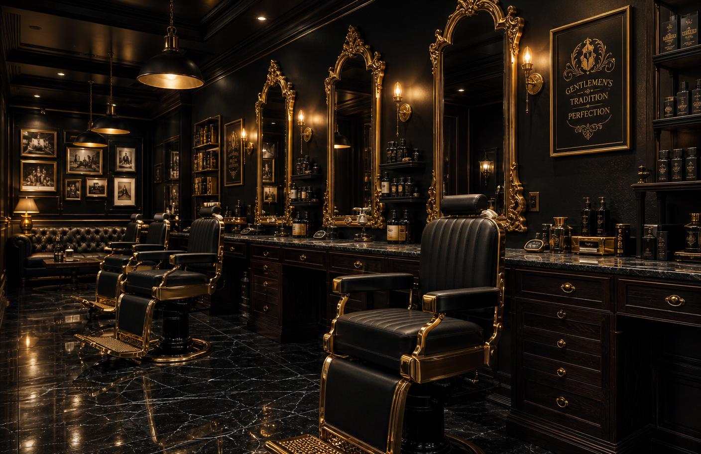 Noir & Gold Barbershop interior — obsidian chairs, gold mirrors, and warm ambient lighting